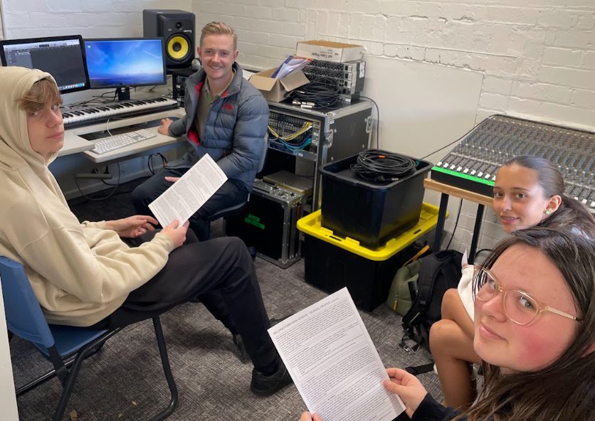 L-R: Adam Lorenc-Goodman, Mr Lachlan Wyatt, Savannah Dunn and Valentine Ninnis at the recording session on Wednesday, May 24.