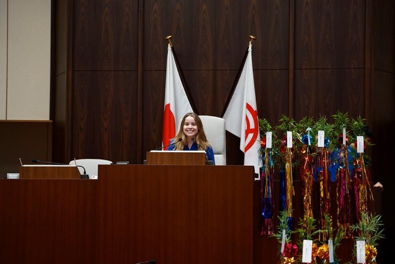 Indy sitting in the Mayor's Seat at the Anjo Town Hall