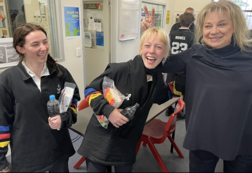 Keira & Jessie celebrating with Ms Jacobs after the English exam