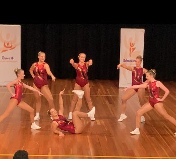 girls aerobic team. Isabella Cembala, Indy Webster, Erin Simonds, Sierra Hockley, Annelise Cembala and Matisse Rossow.