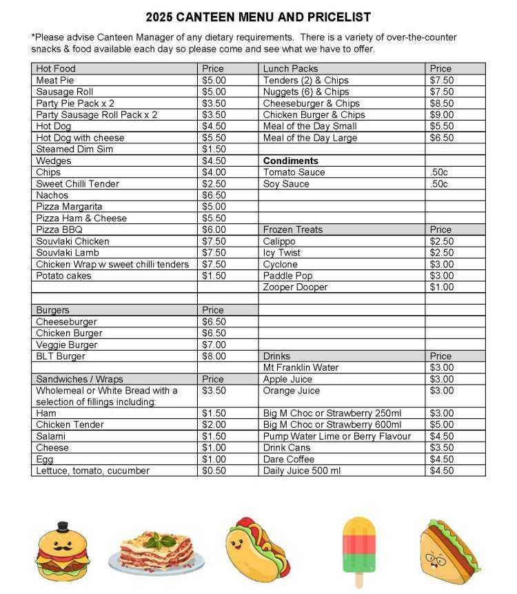 WHS Canteen Menu